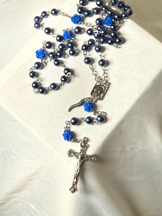 Blue rosary beads with Italian silver horn