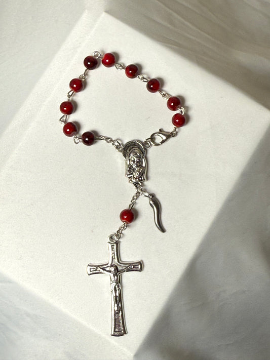 Burgundy car rosary with silver Italian horn