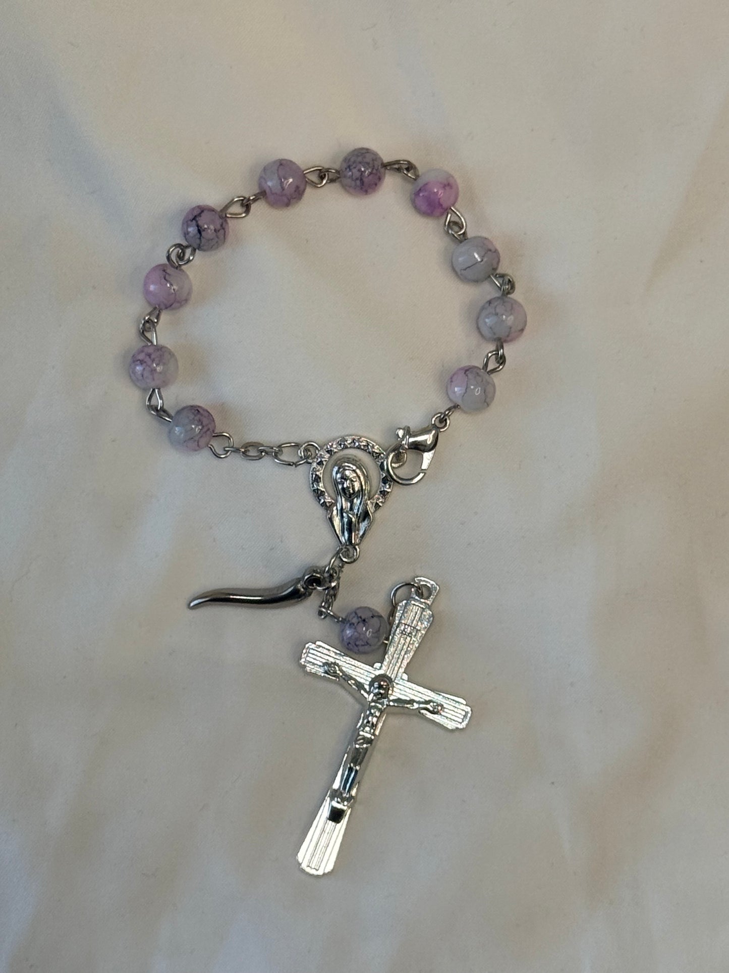 Lavender/pink Communion/car rosary with Italian horn