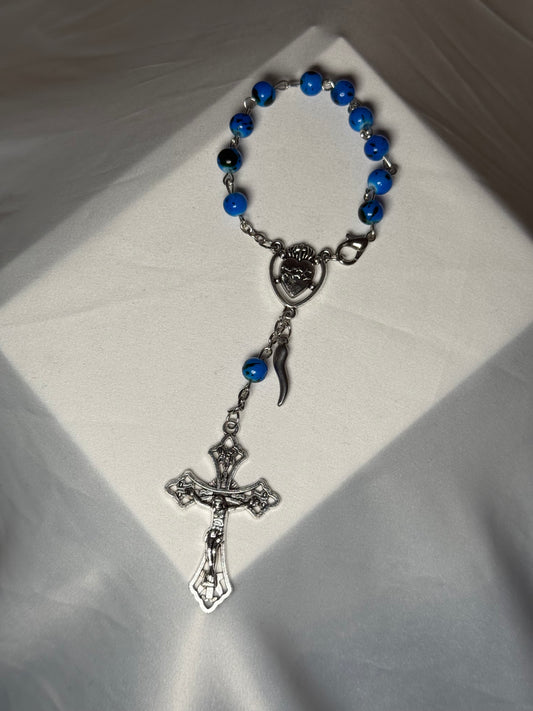 Blue car rosary with Italian silver horn