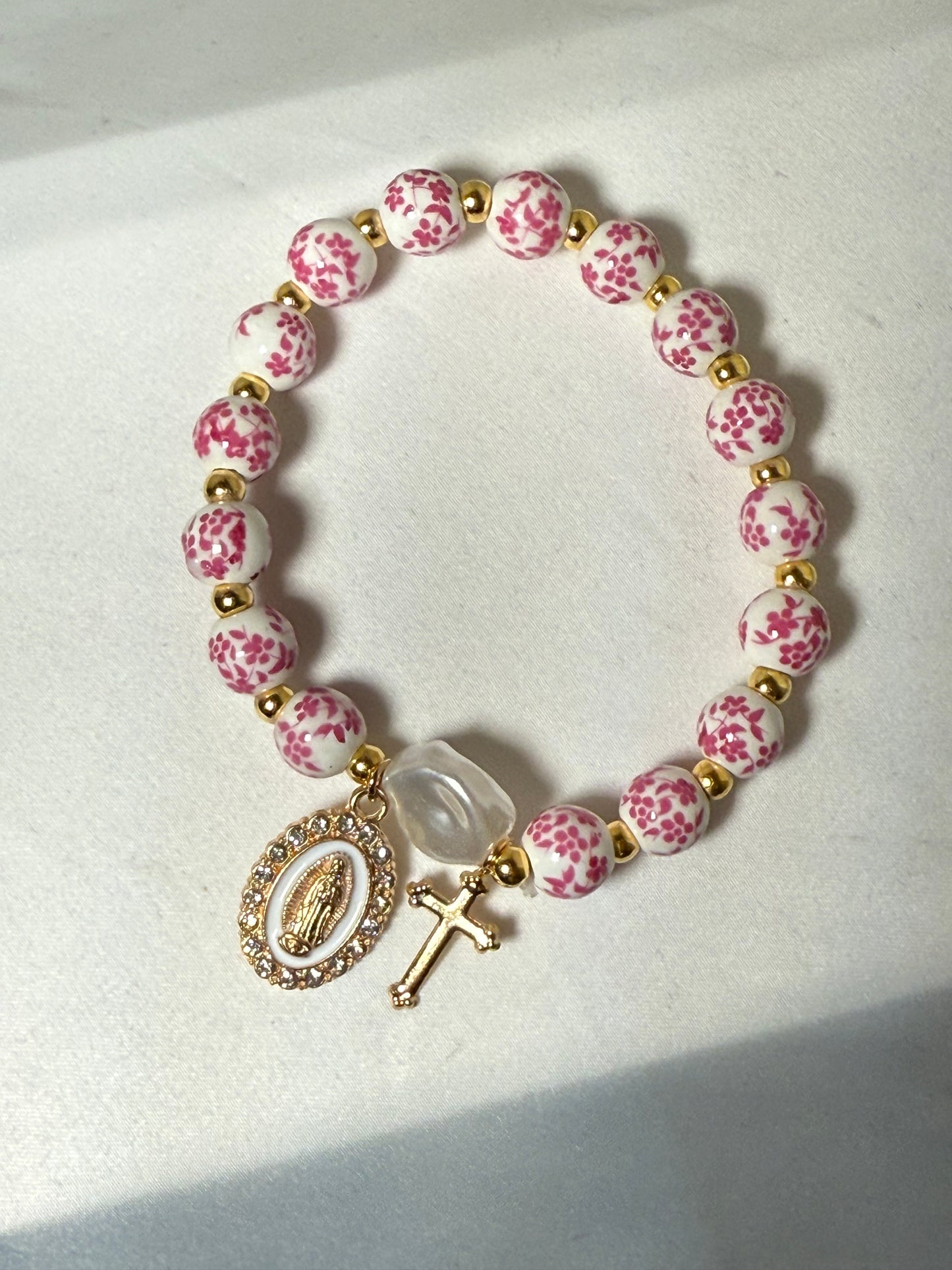 Pink and white floral ceramic bracelet