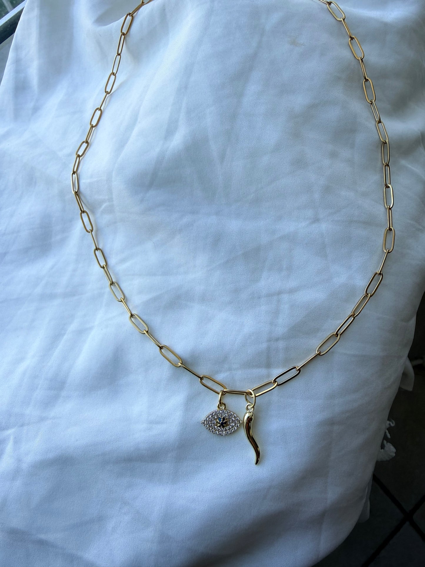 Swarovski evil eye and horn charm necklace