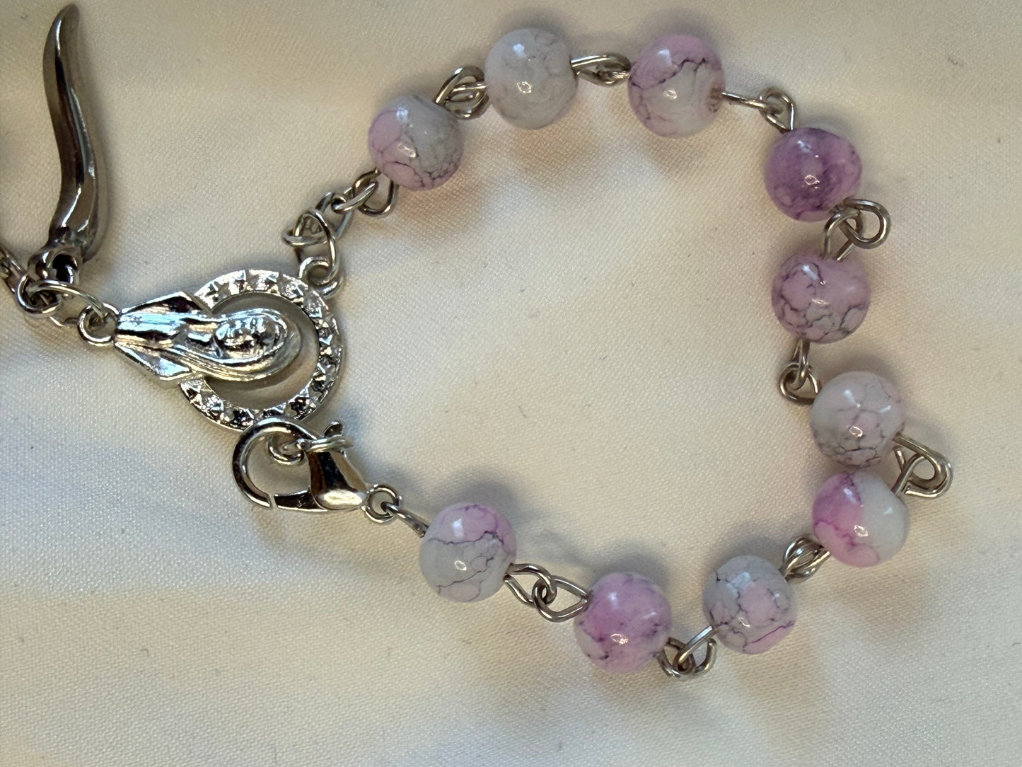 Lavender/pink Communion/car rosary with Italian horn
