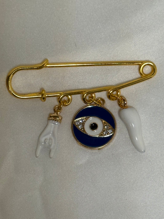 Evil eye pin  with white Italian hand and horn