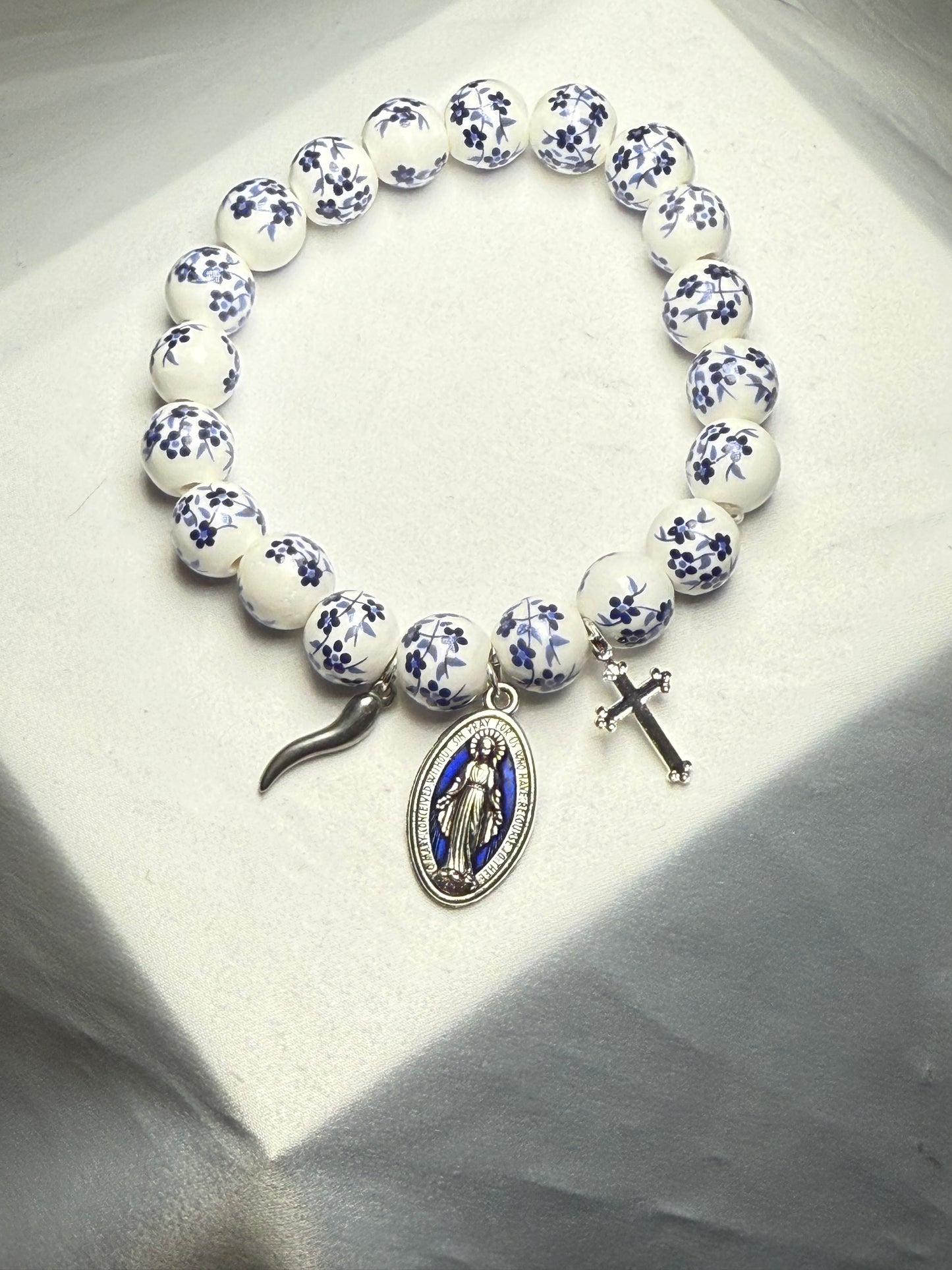Large blue white ceramic bracelet with Italian horn blessed mother and cross