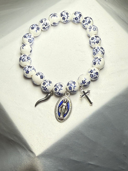 Large blue white ceramic bracelet with Italian horn blessed mother and cross