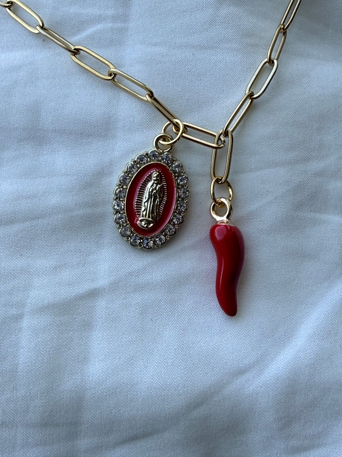 Blessed mother Italian horn charm necklace