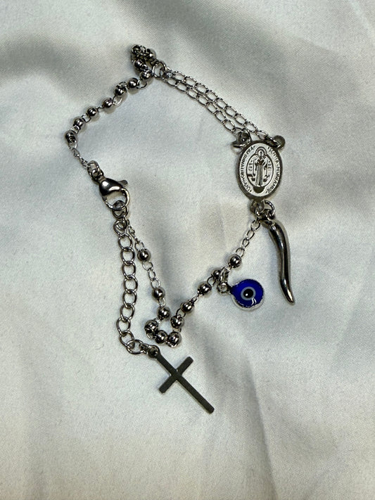Silver car rosary/bracelet with Italian horn and evil eye