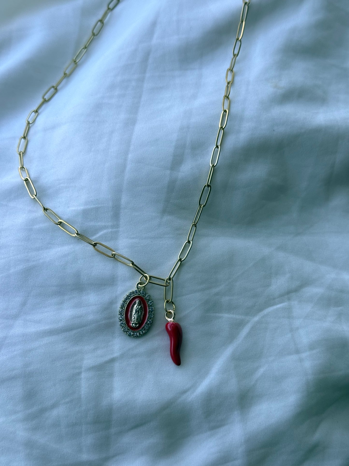 Blessed mother Italian horn charm necklace