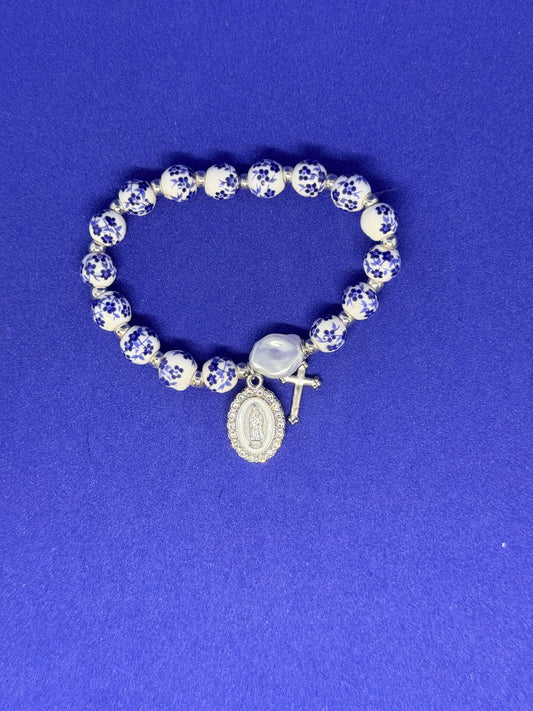 Blue and white ceramic bracelet with silver accents