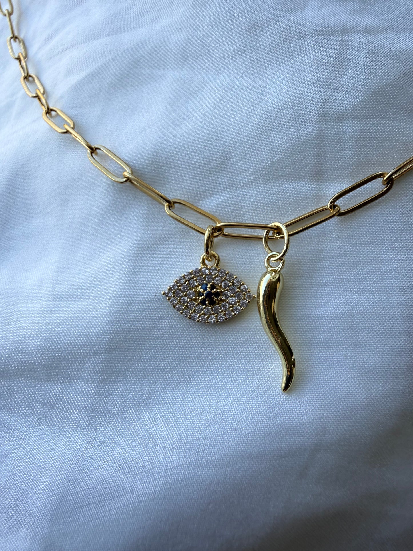 Swarovski evil eye and horn charm necklace