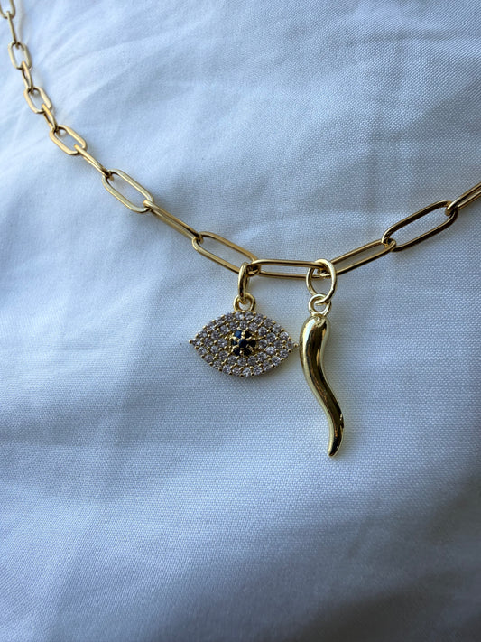 Swarovski evil eye and horn charm necklace