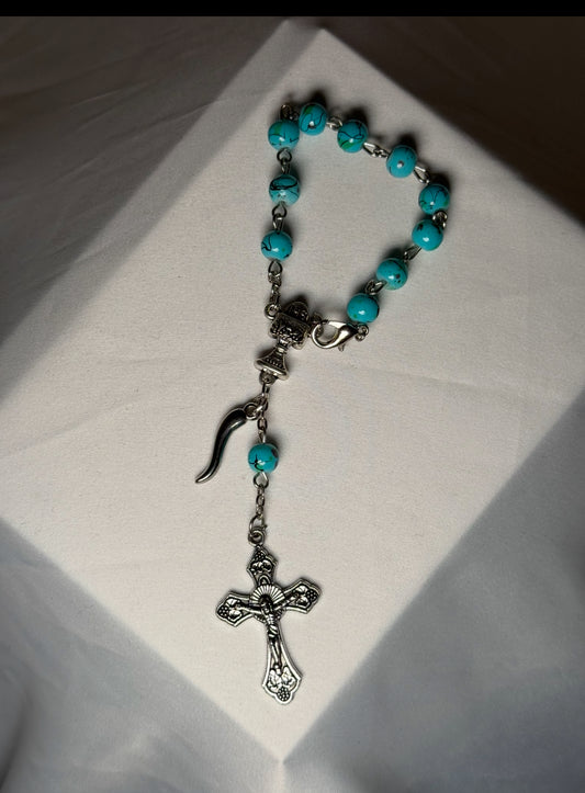 Turquoise car rosary with Italian horn