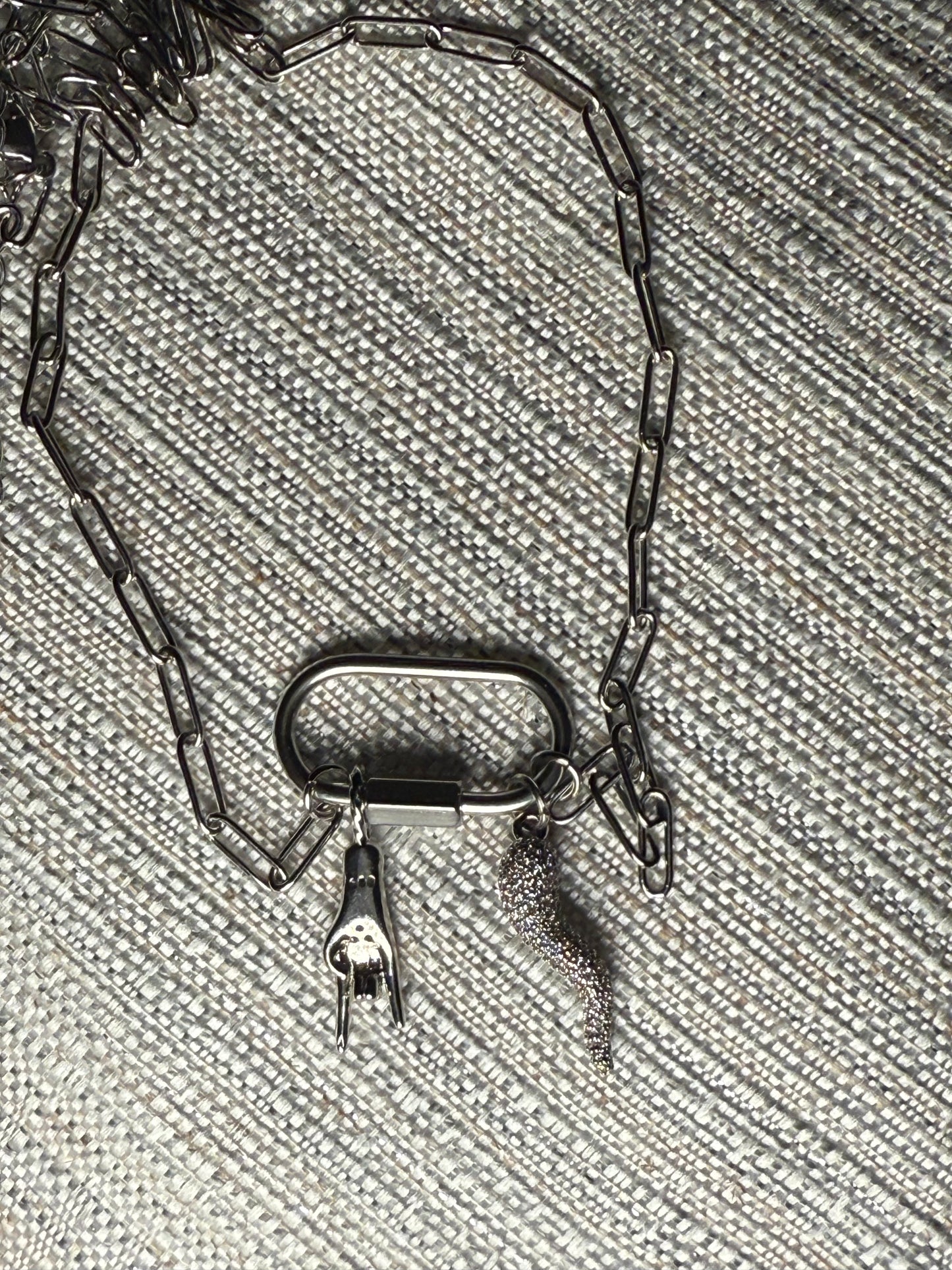 Silver clip necklace Italian hand and rhinestone horn