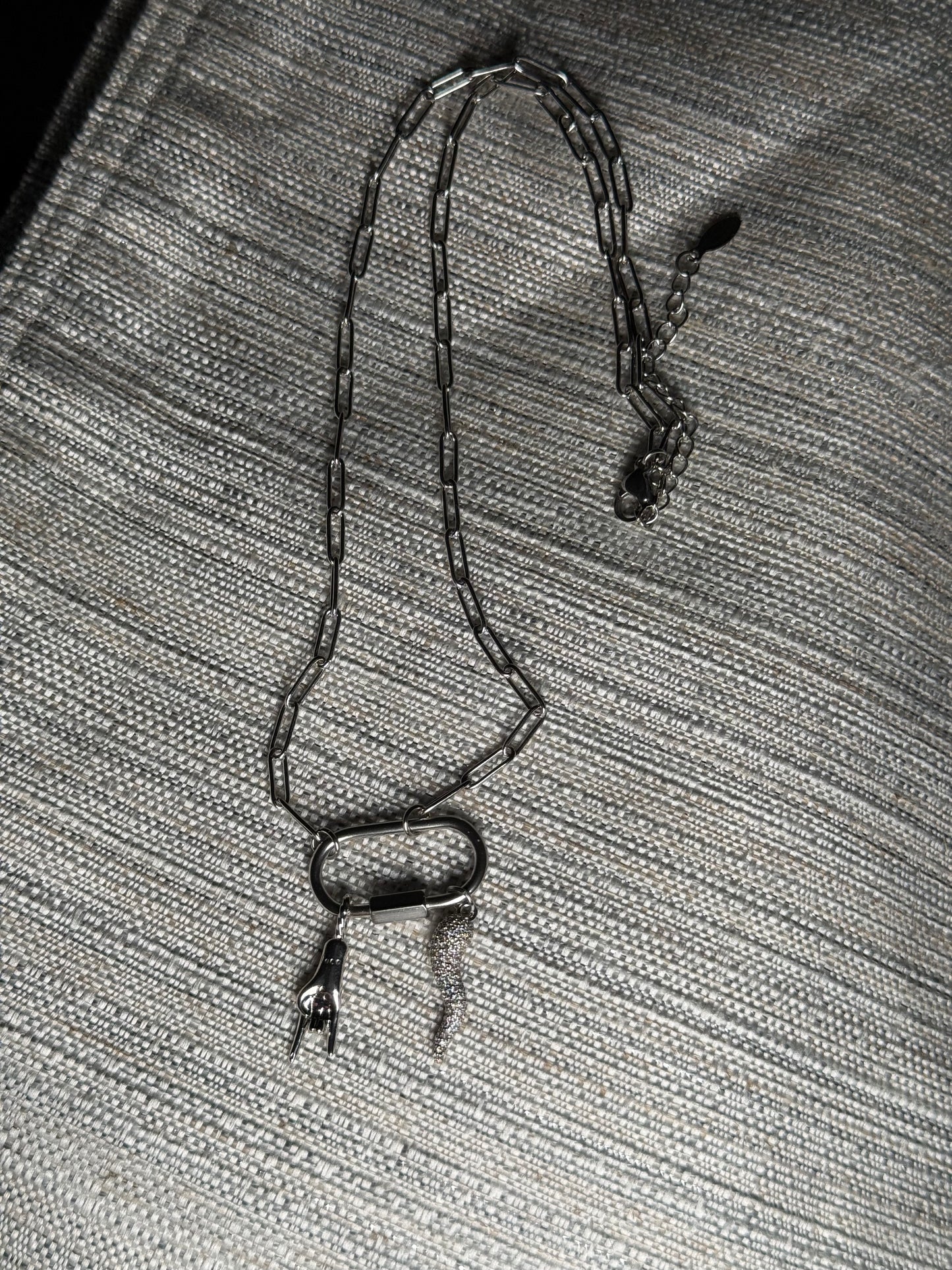 Silver clip necklace Italian hand and rhinestone horn