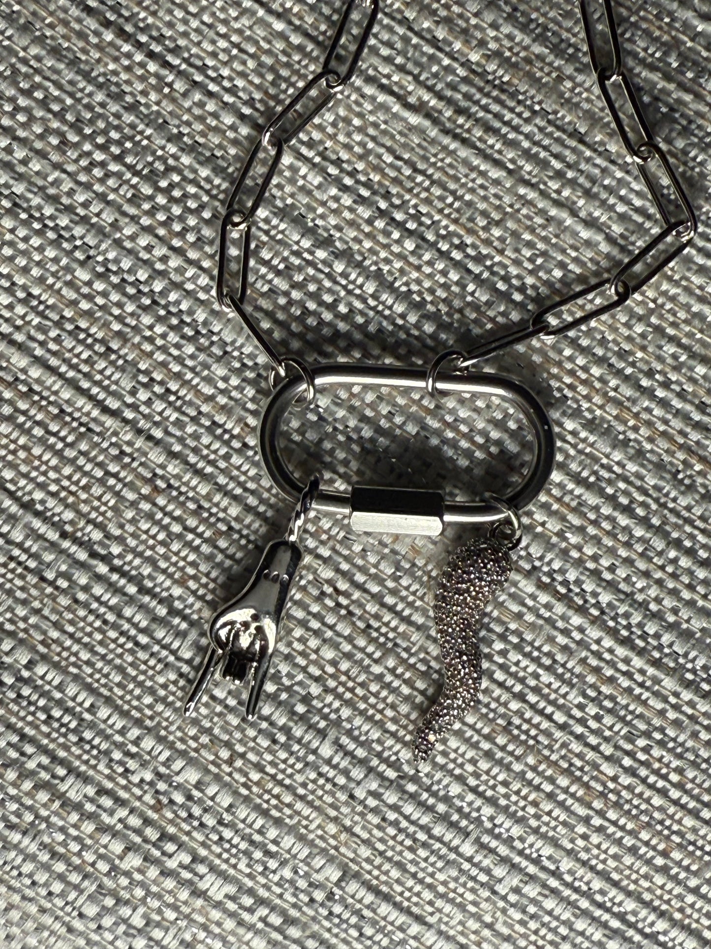 Silver clip necklace Italian hand and rhinestone horn