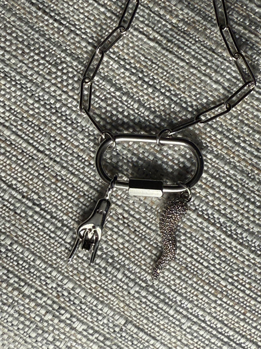 Silver clip necklace Italian hand and rhinestone horn