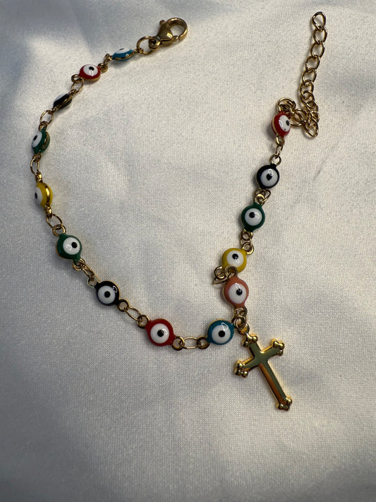 Rainbow evil eye car rosary /bracelet