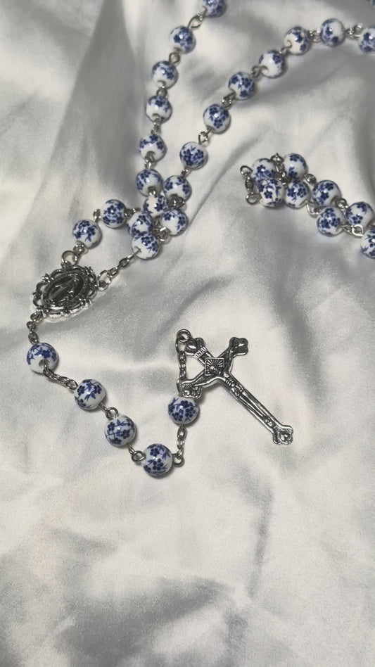 Blue and white ceramic bead rosary with Italian horn